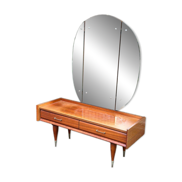 Coiffeuse scandinave en bois des années 50 avec miroir triptyque
