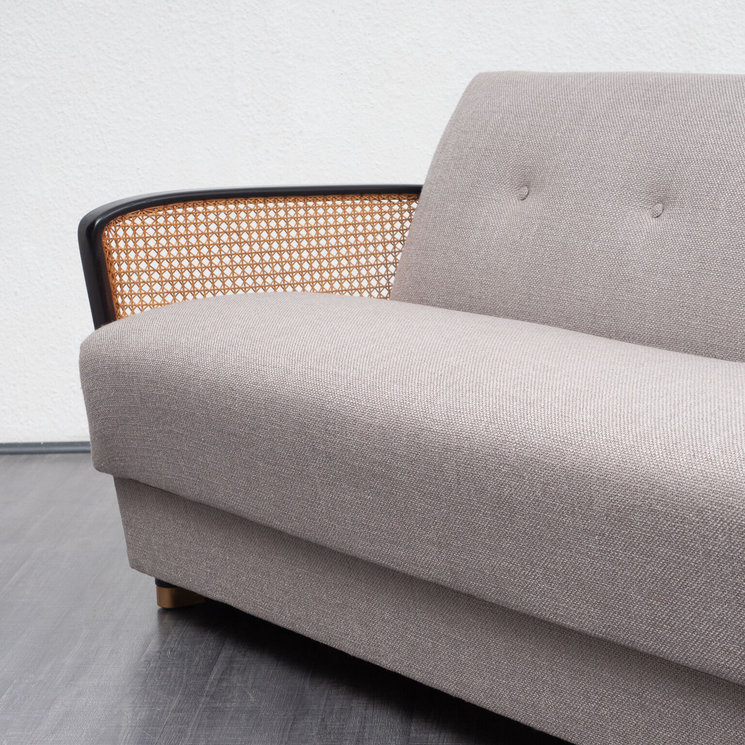 Couch 50s, refurbished, gray, caning