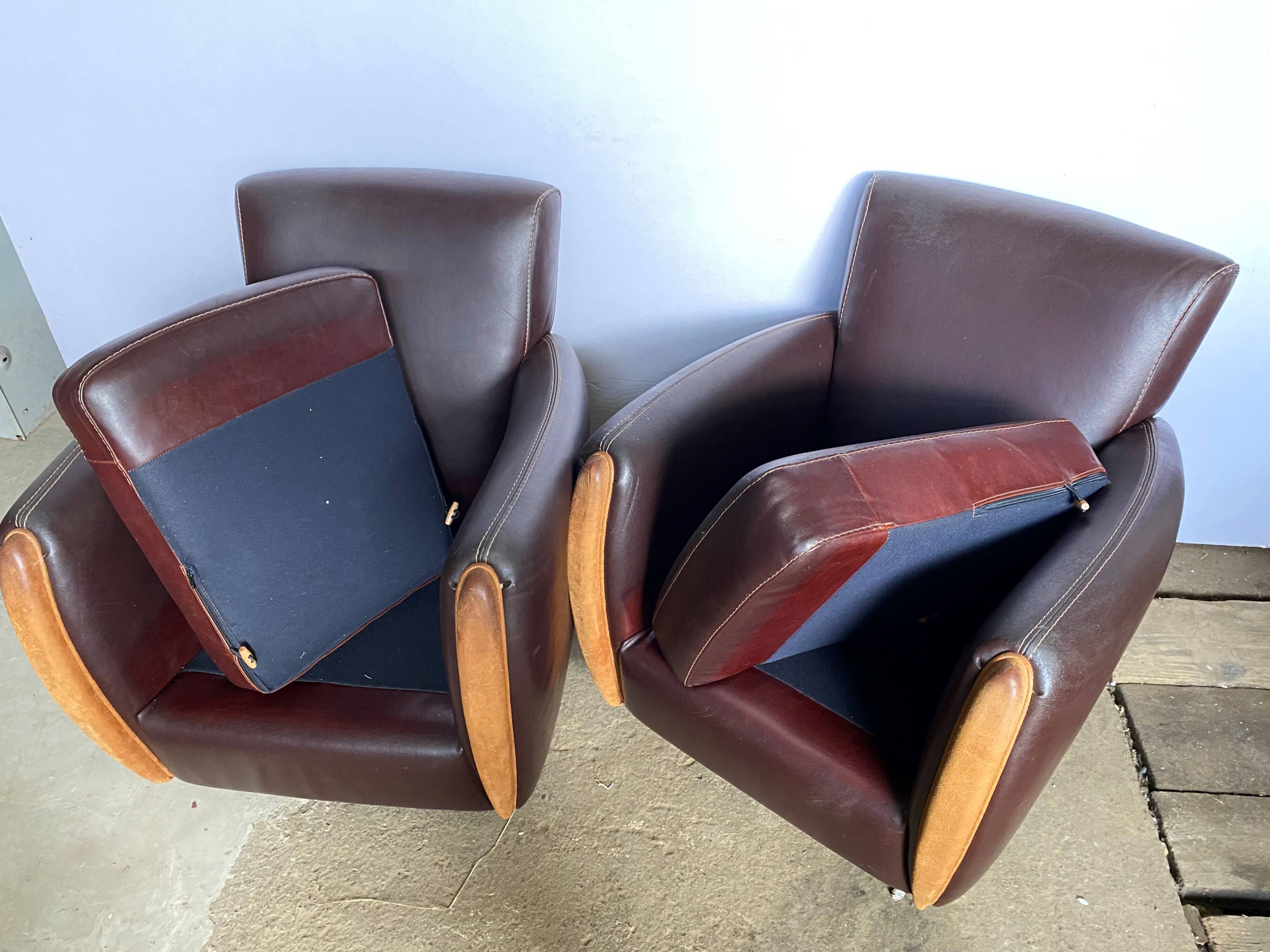 Pair of vintage brown leather club armchairs from the 70s