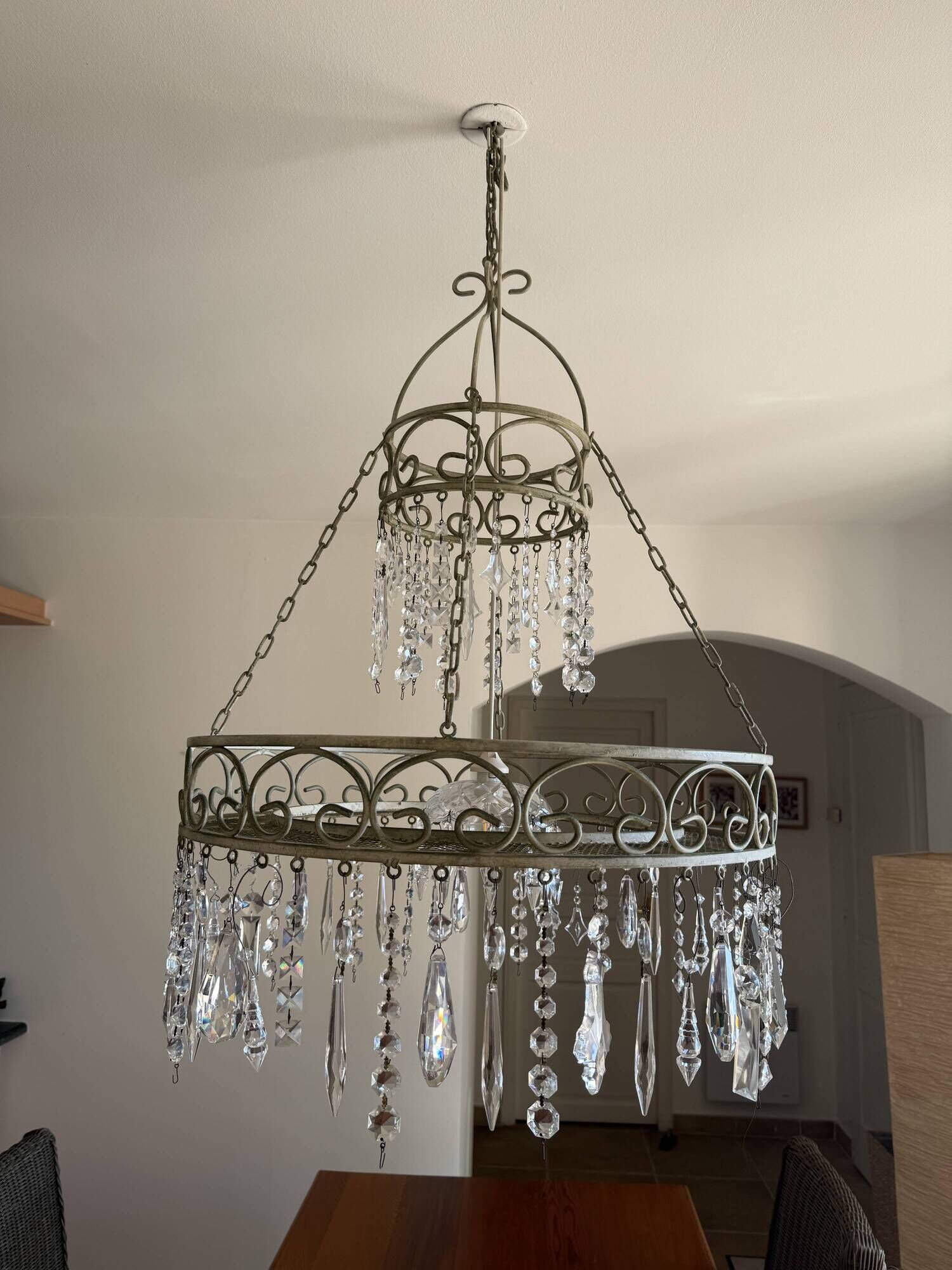 Patinated iron chandelier with pendants, romantic / shabby chic style.