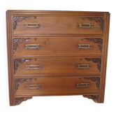 Belle commode Art déco -4 tiroirs – Poignées Laitons – Couleur noyer – Motifs floraux- Années 50