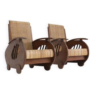 Ensemble de fauteuils en rotin tressé au design Art déco, années 1930, Italie