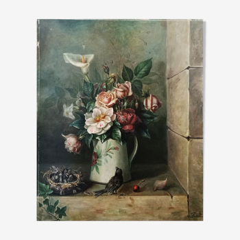 Peinture à l'huile ancienne sur toile Nature morte (Bouquet), Ecole Française 19ème