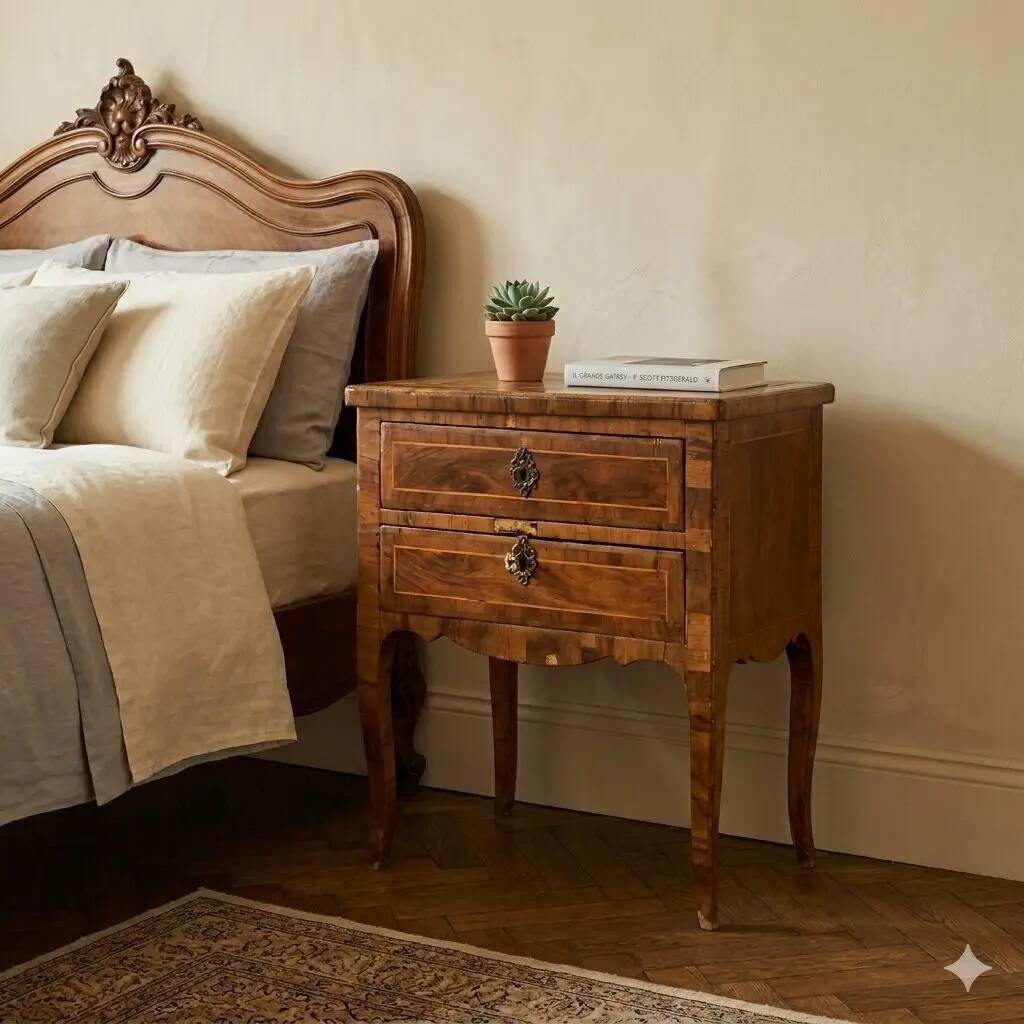 Antique baroque bedside table in walnut and maple, Italy, 18th century.