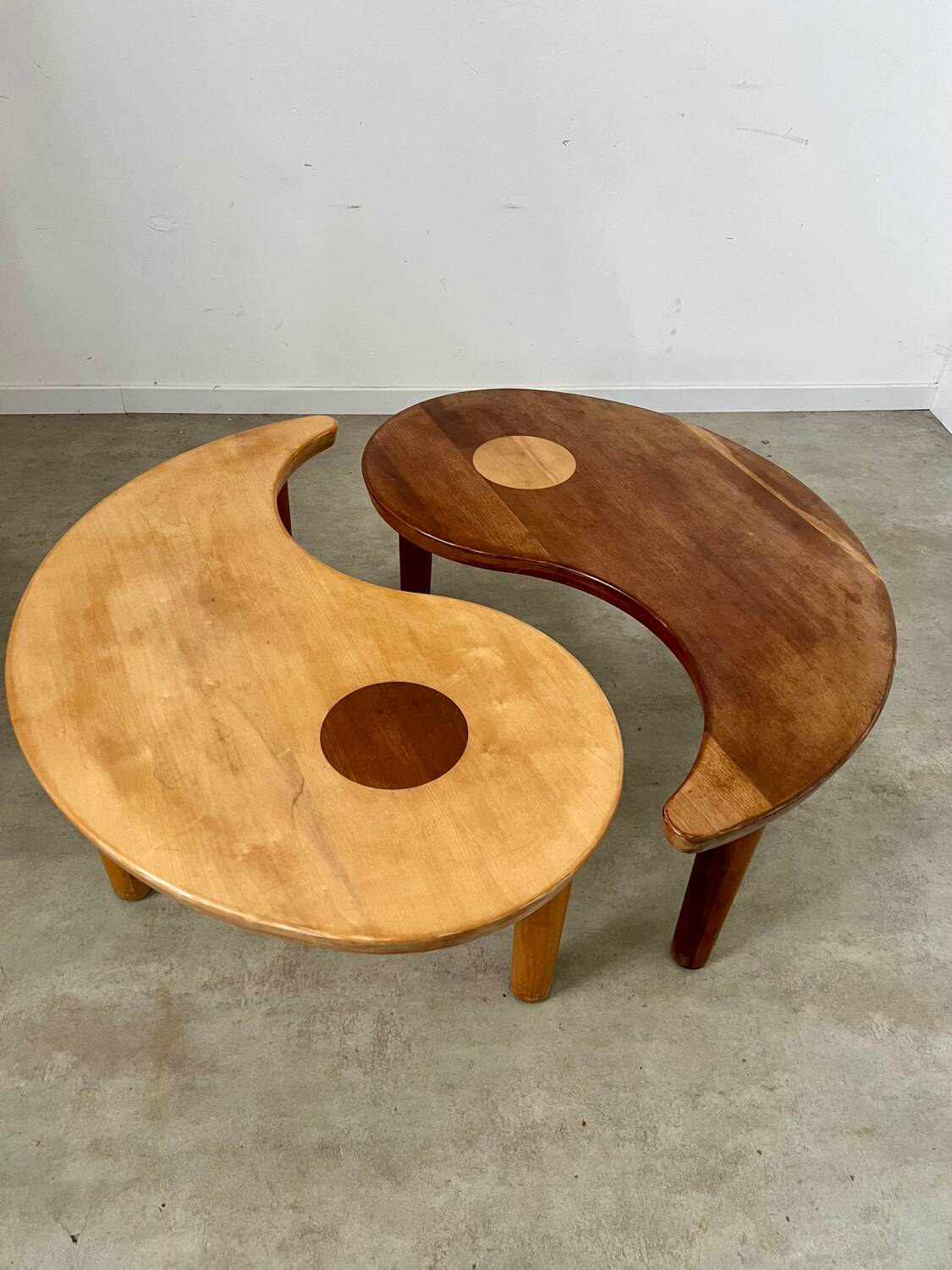 Solid wood coffee table with 2 Yin and Yang elements vintage 60s