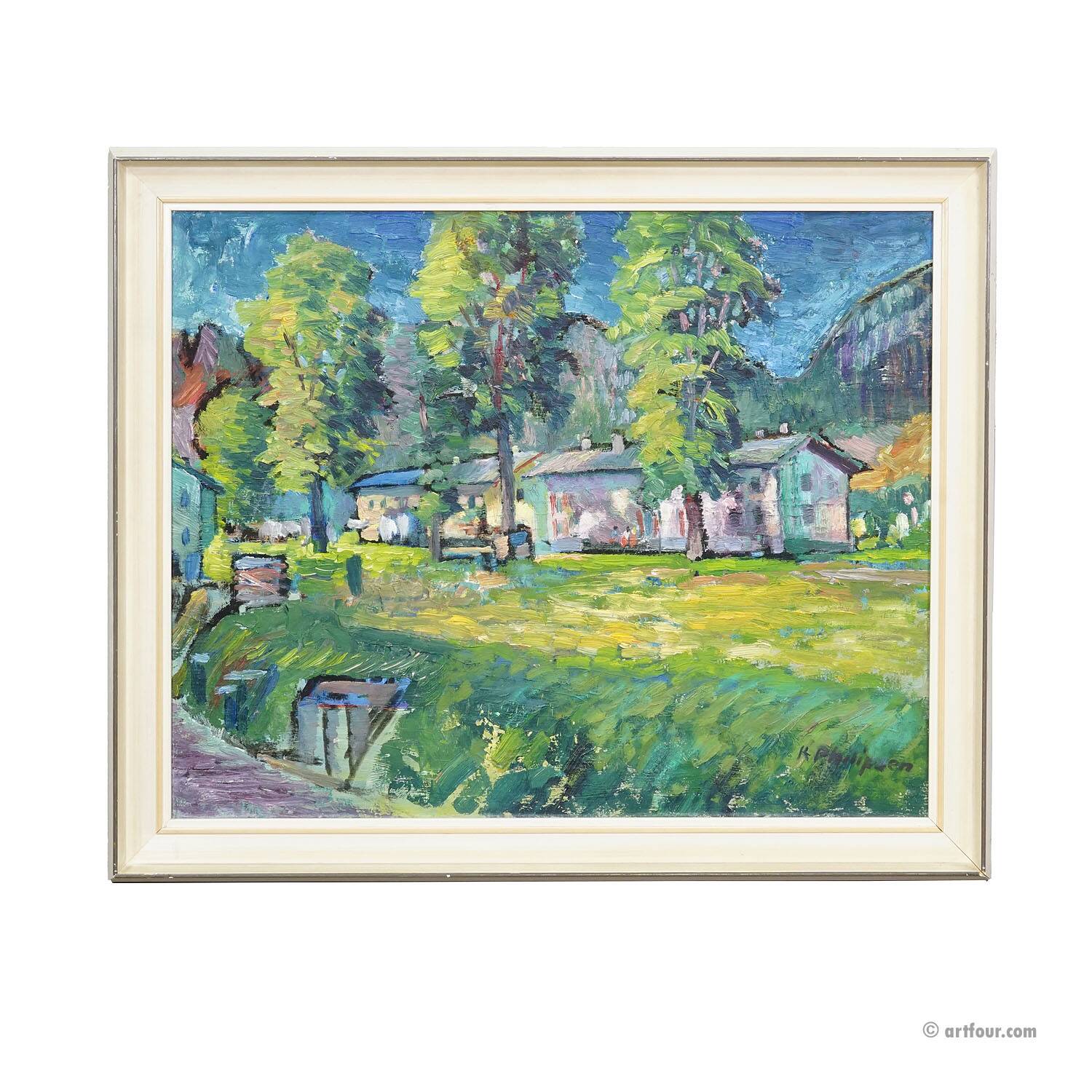 Impressionist painting of a garden with buildings in the background.