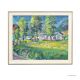 Impressionist painting of a garden with buildings in the background.