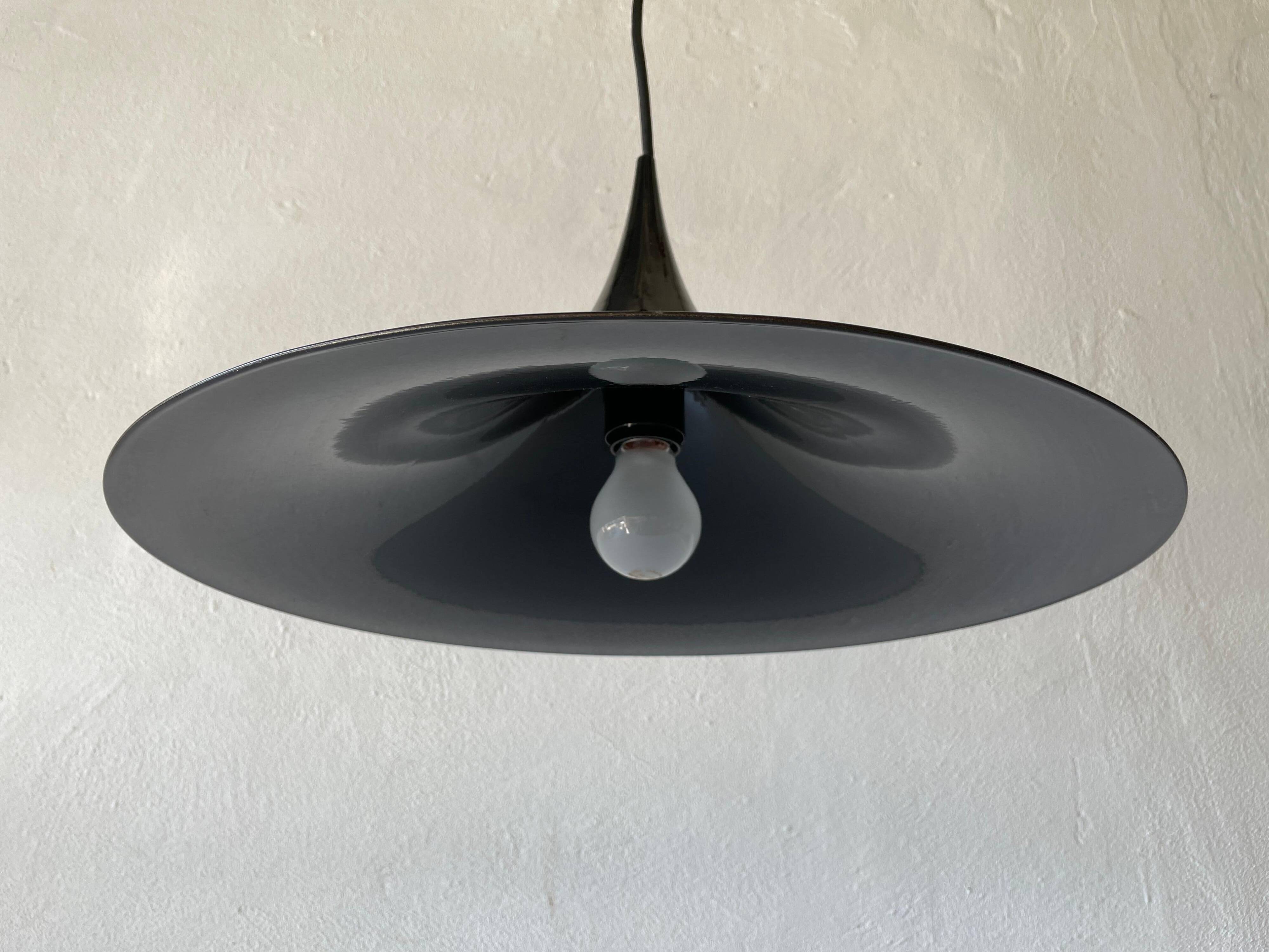Black metal pendant lamp with trumpet design, 1960s, Italy.