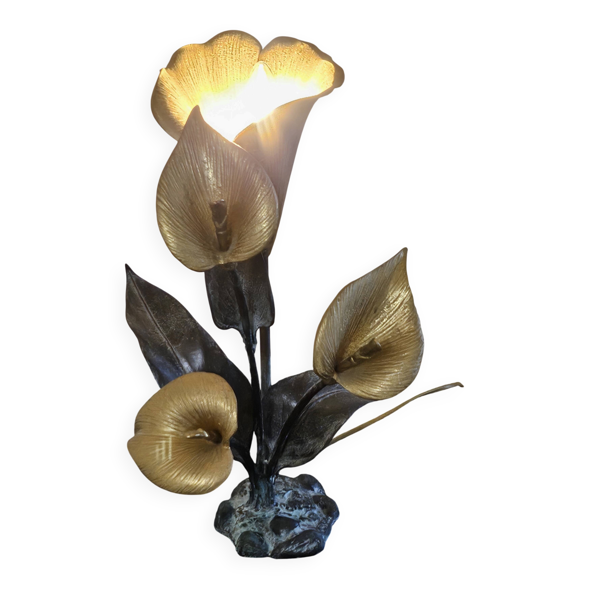 Metal sculpture lamp with golden calla lilies – 1970s