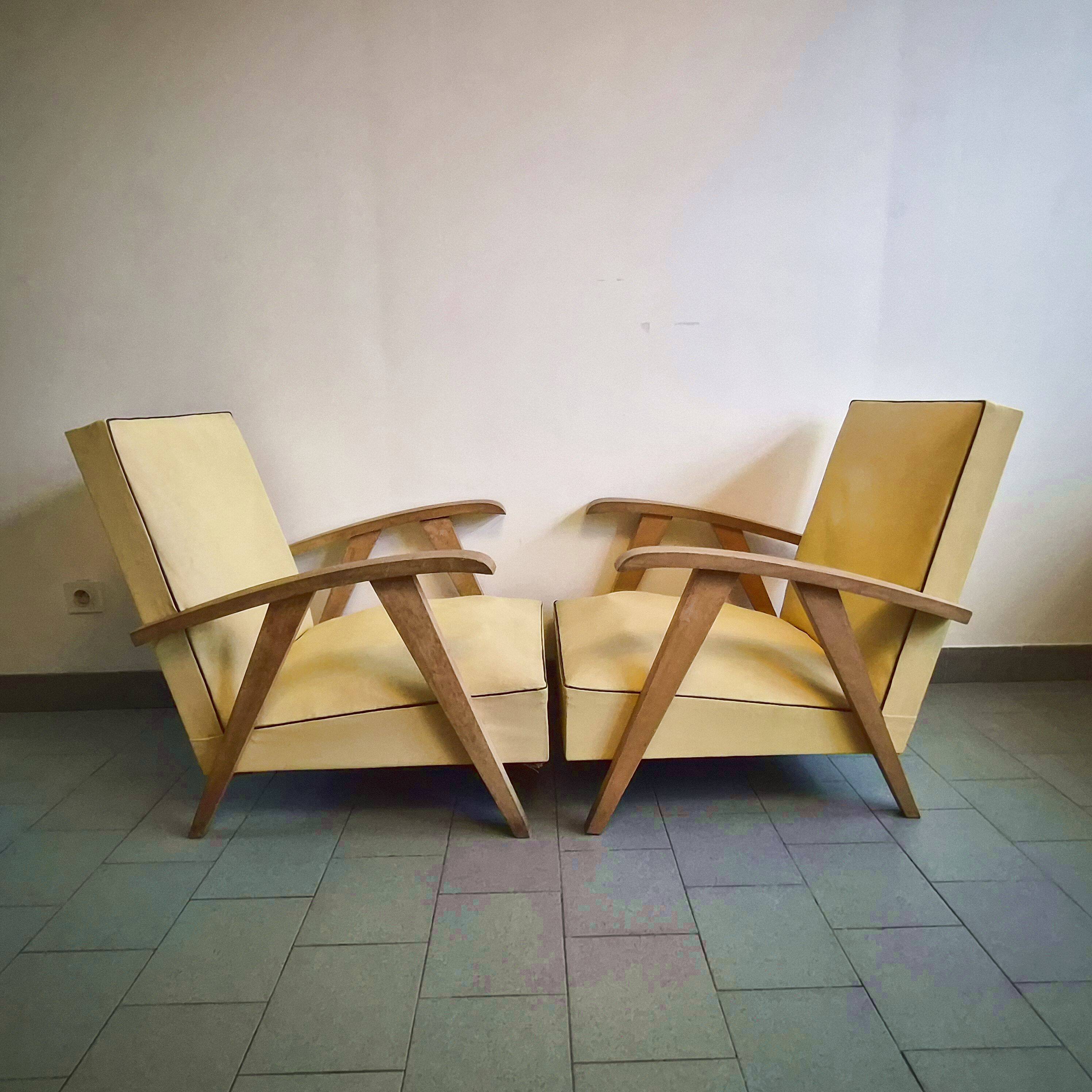 Pair of vintage 1950s armchairs with compass legs