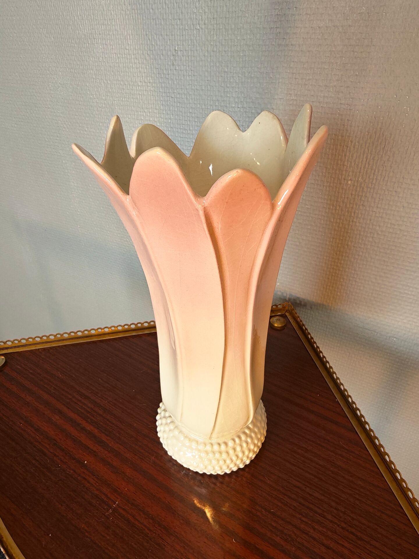 Vintage pink and white tulip vase in majolica, 1950s style.