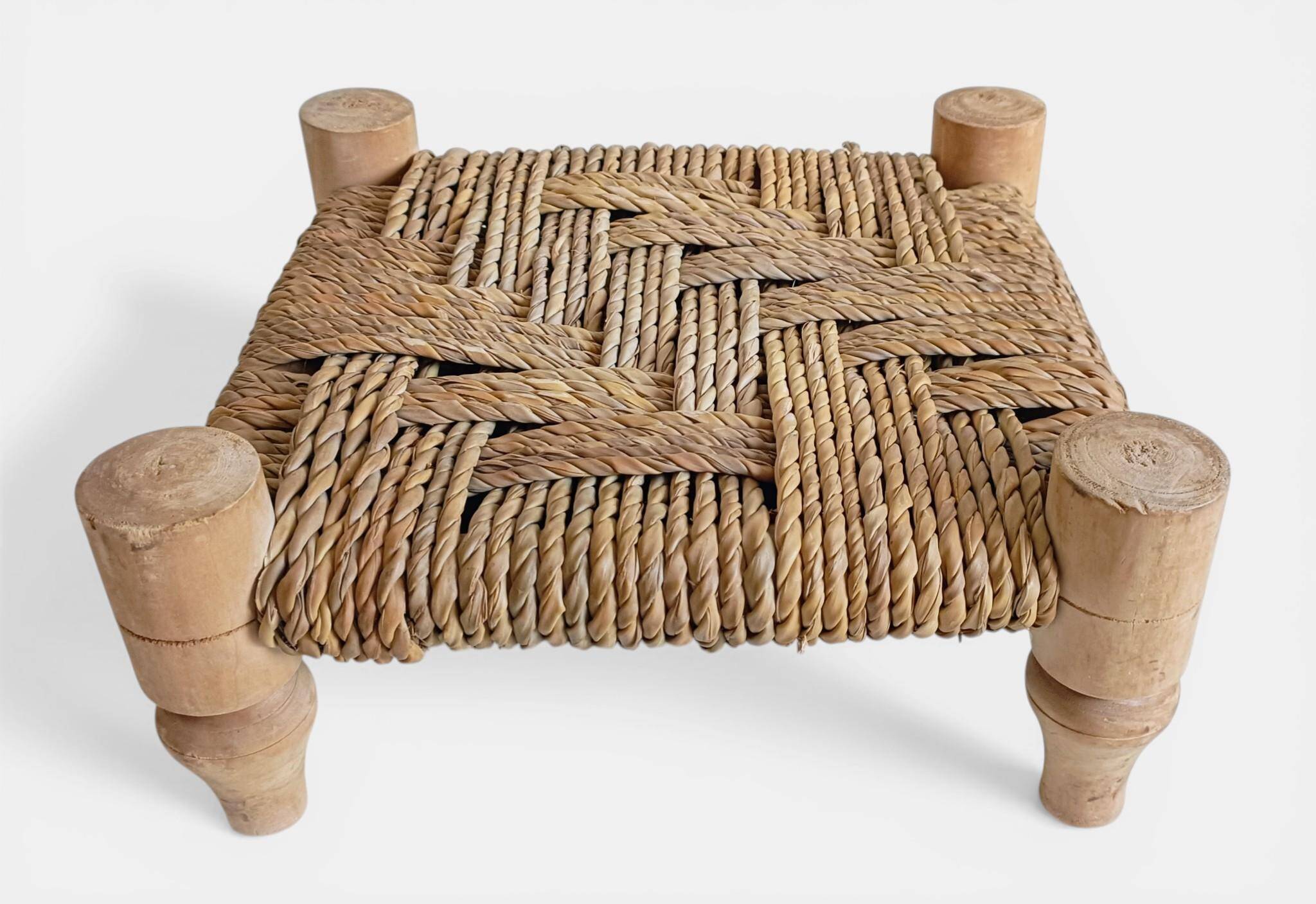 Organic Modern Turned Wood and Rope Footstool in the Style of Charlotte Perriand