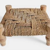 Organic Modern Turned Wood and Rope Footstool in the Style of Charlotte Perriand