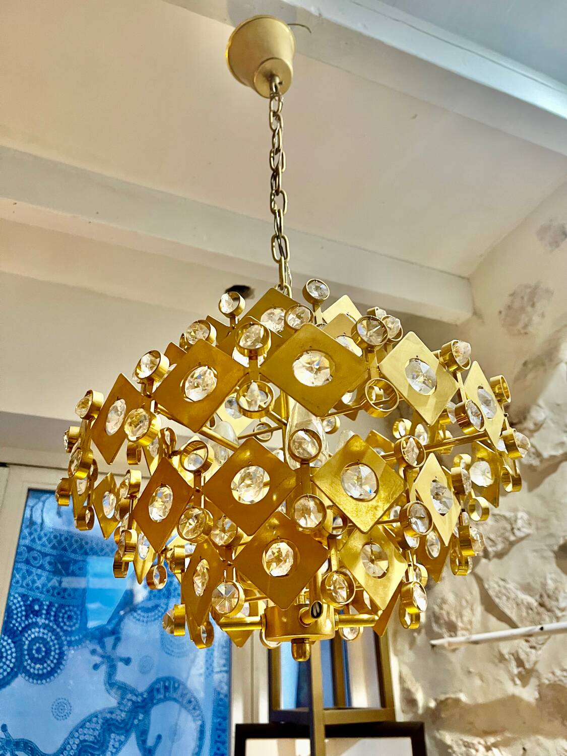 Brutalist Palwa crystal and gilt chandelier, 1960s