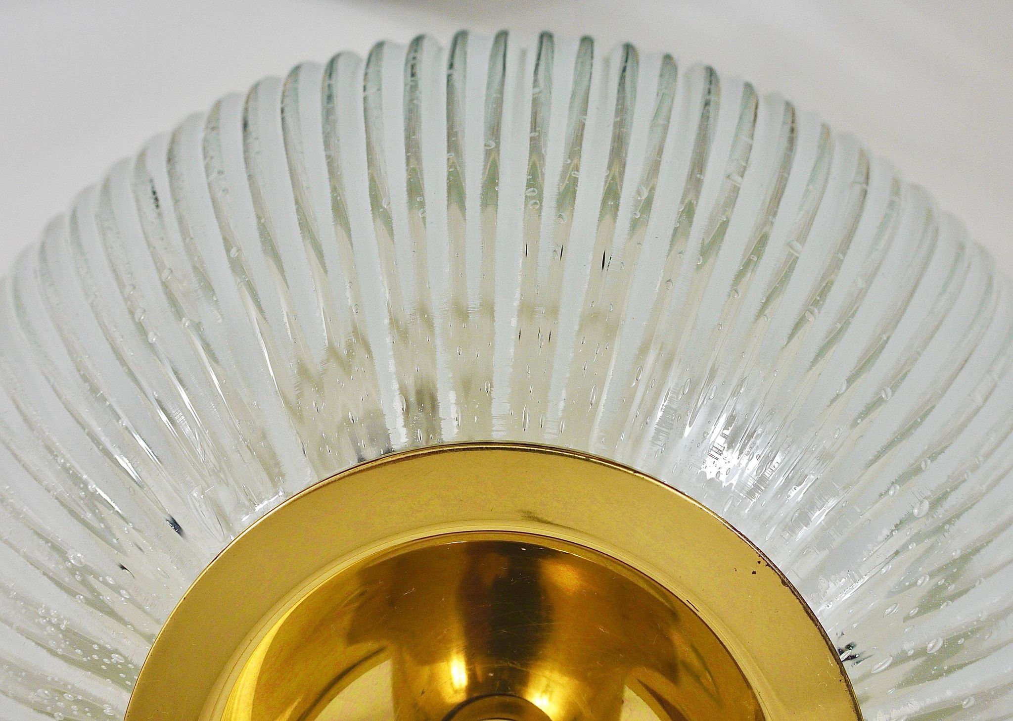 Large striped glass ceiling lamp in brass, Limburg, Germany, 1970s.