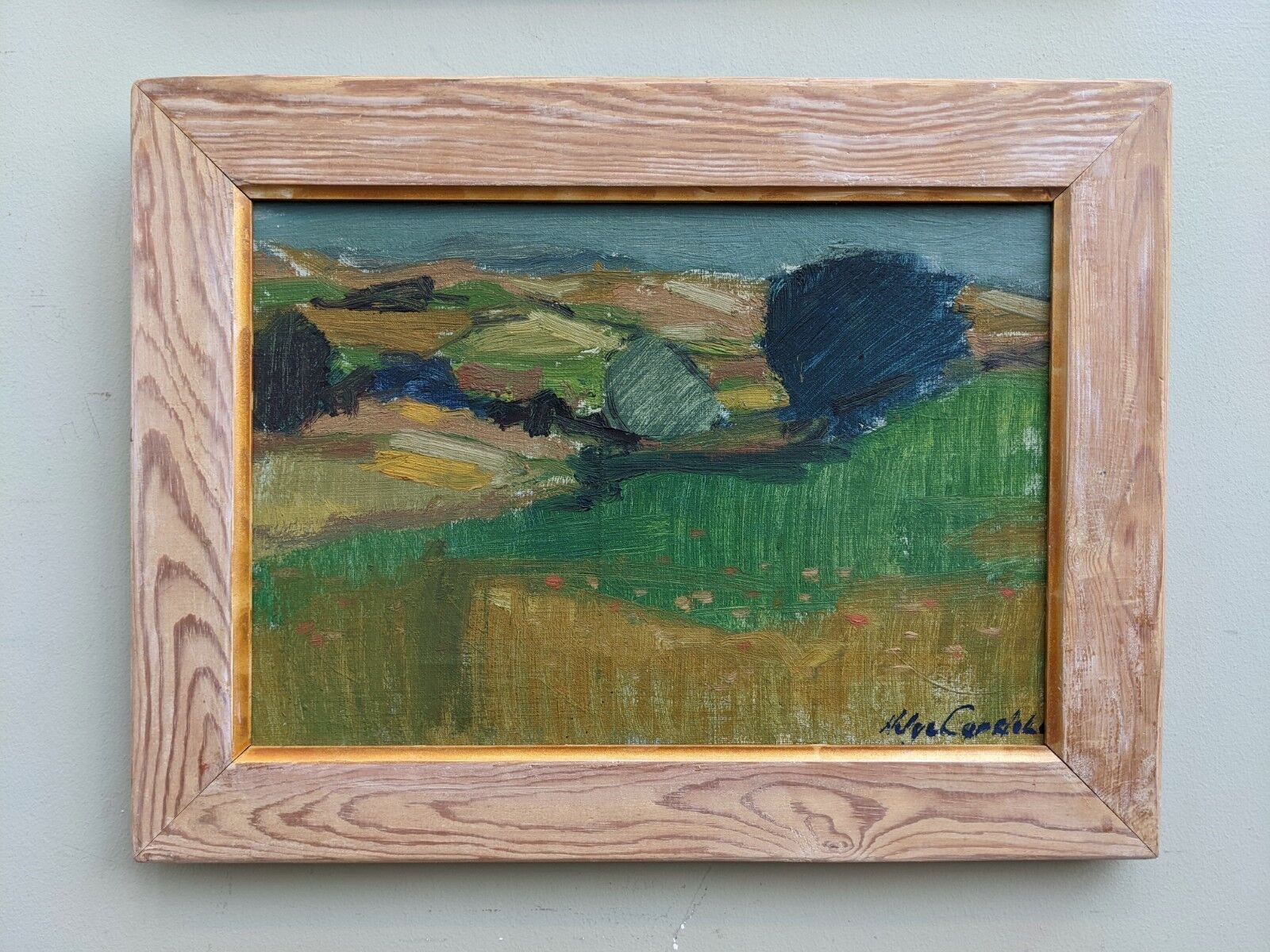 Mid-century modern "the blue tree" vintage expressionist landscape swedish oil painting