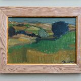Mid-century modern "the blue tree" vintage expressionist landscape swedish oil painting