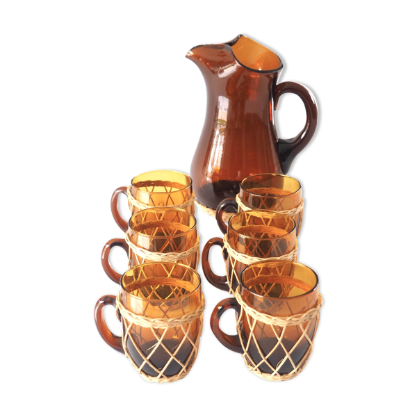 Service en verre ambre et rotin