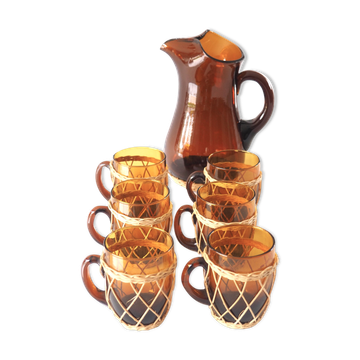 Service en verre ambre et rotin
