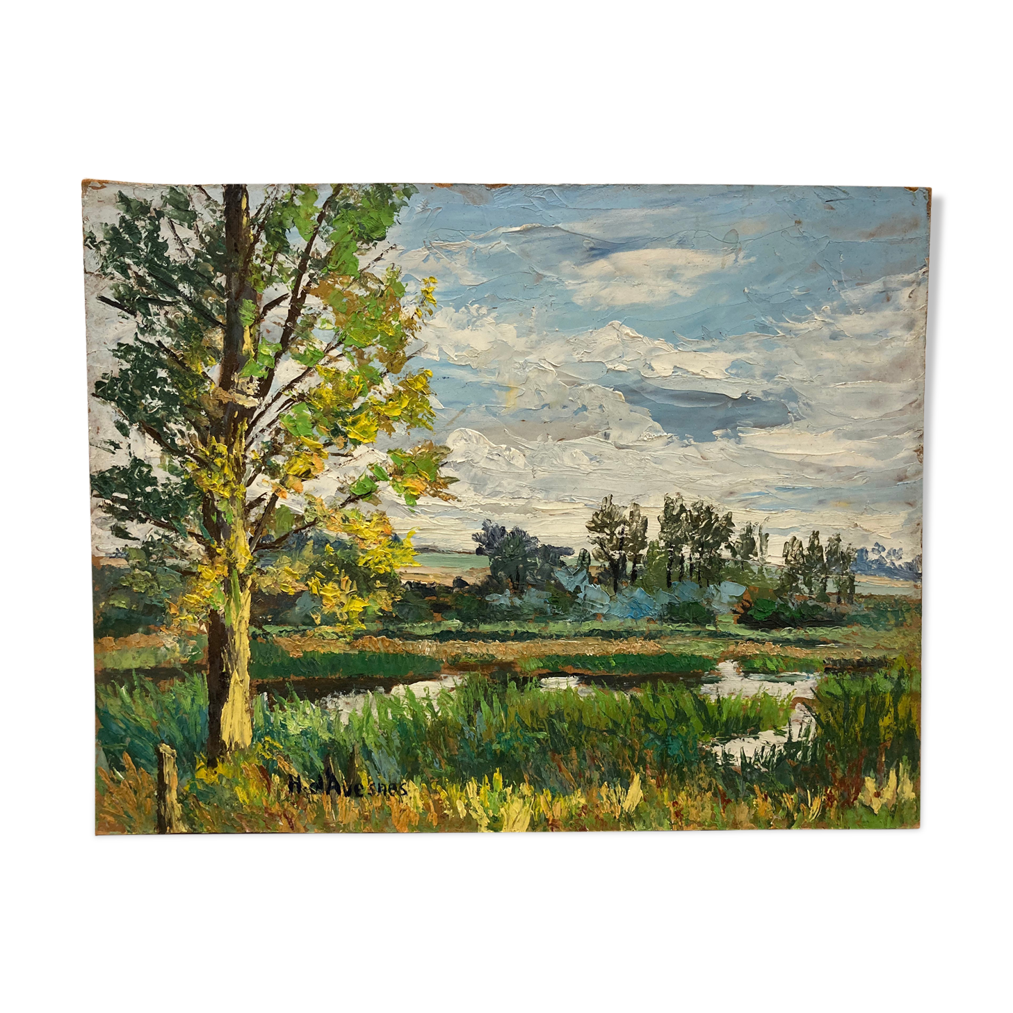Oil on panel vintage green landscape