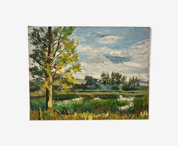 Huile sur panneau paysage verdoyant vintage