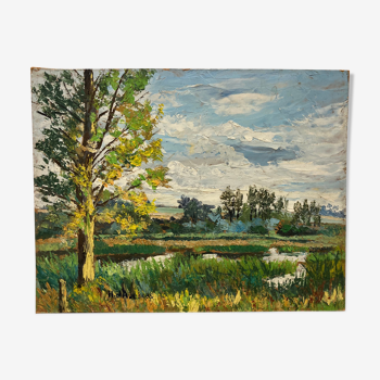 Oil on panel vintage green landscape