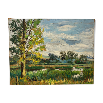 Huile sur panneau paysage verdoyant vintage