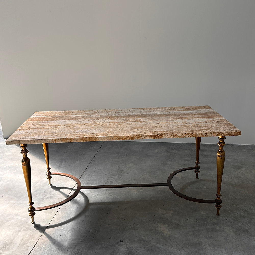 Elegant travertine coffee table with brass base, 1970s