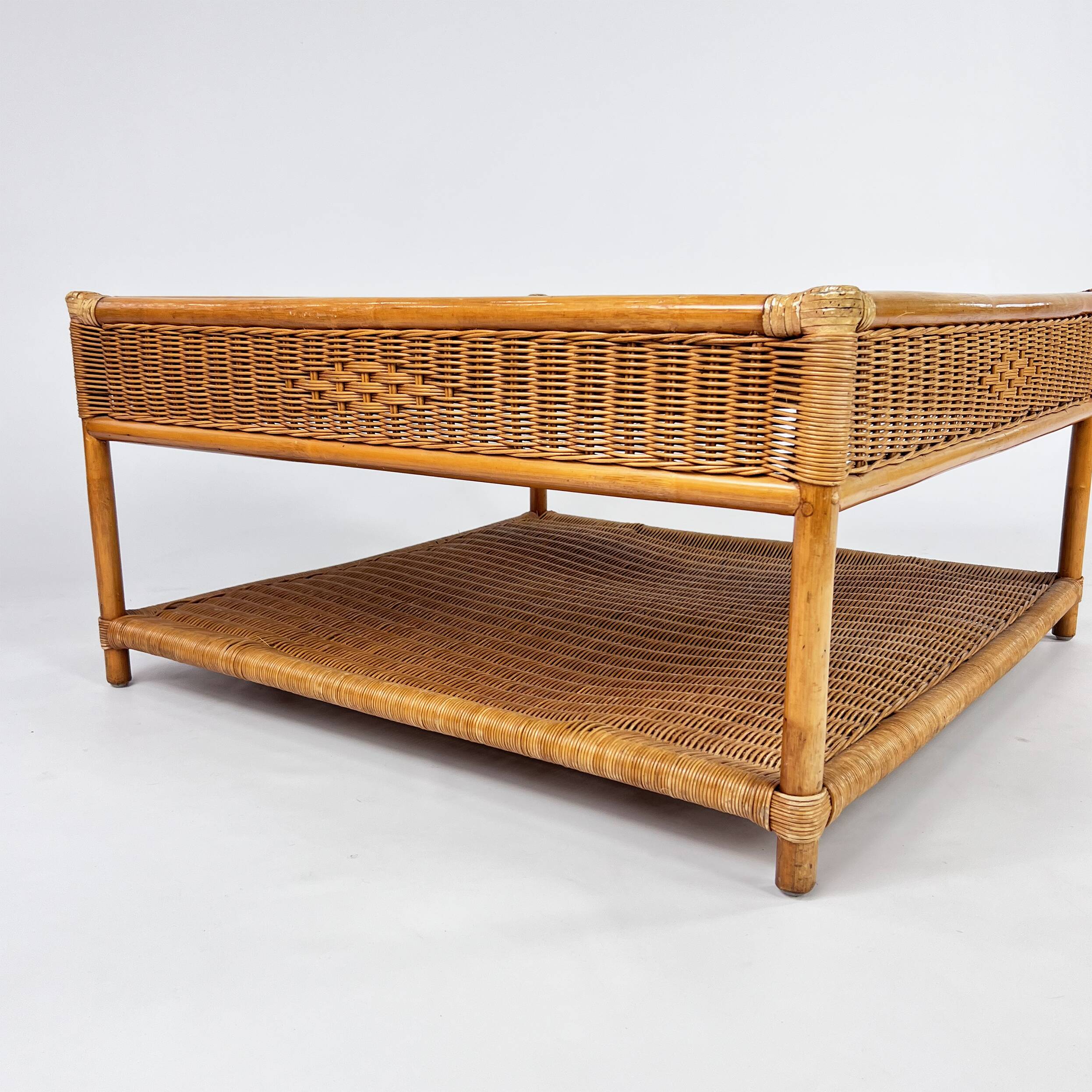 Bamboo and rattan coffee table with smoked glass top, 1970s