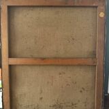 Old painting 1950 interior scene oil on canvas green armchair signed