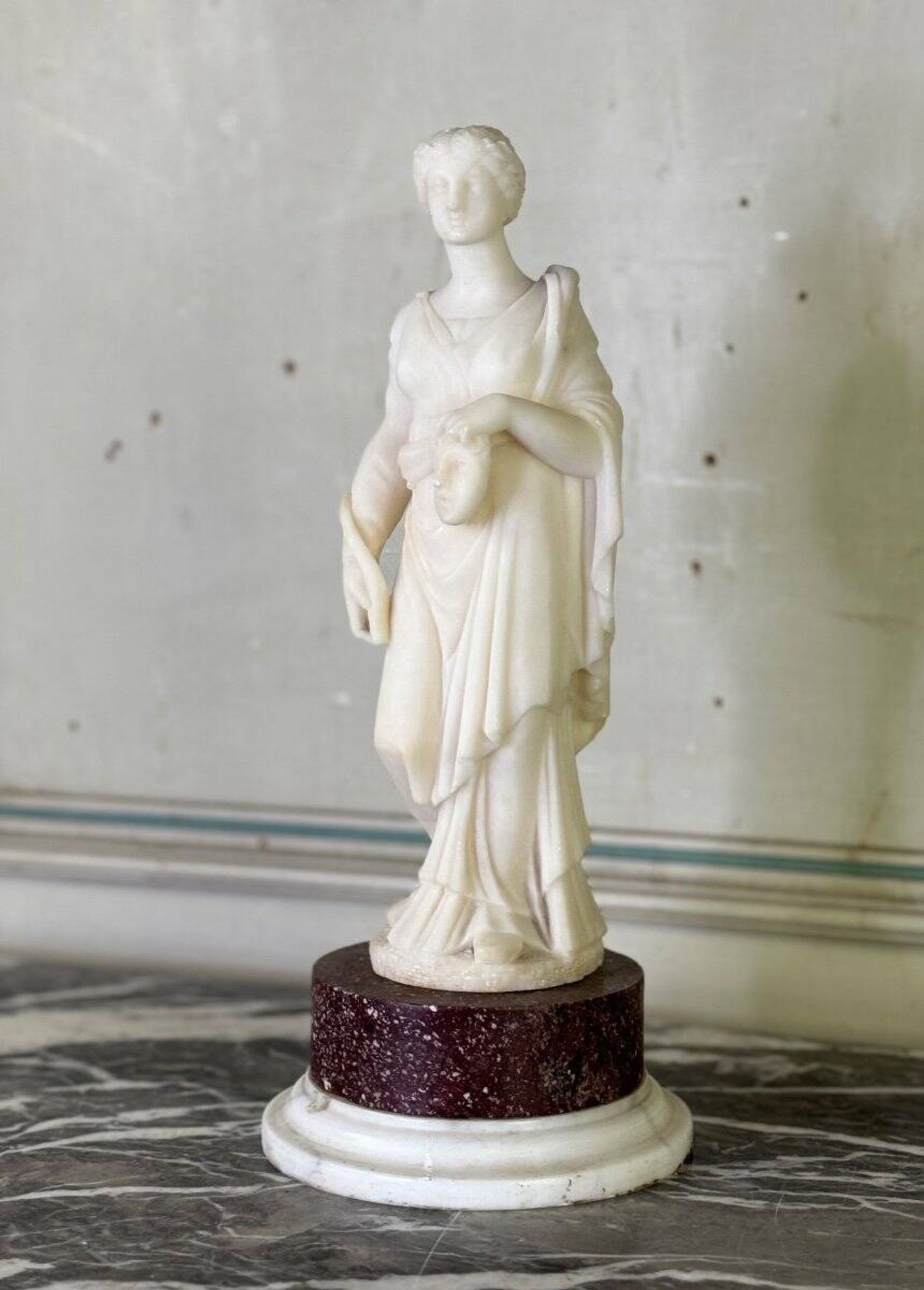 Alabaster sculpture, lady with a mask in the antique style, 19th century