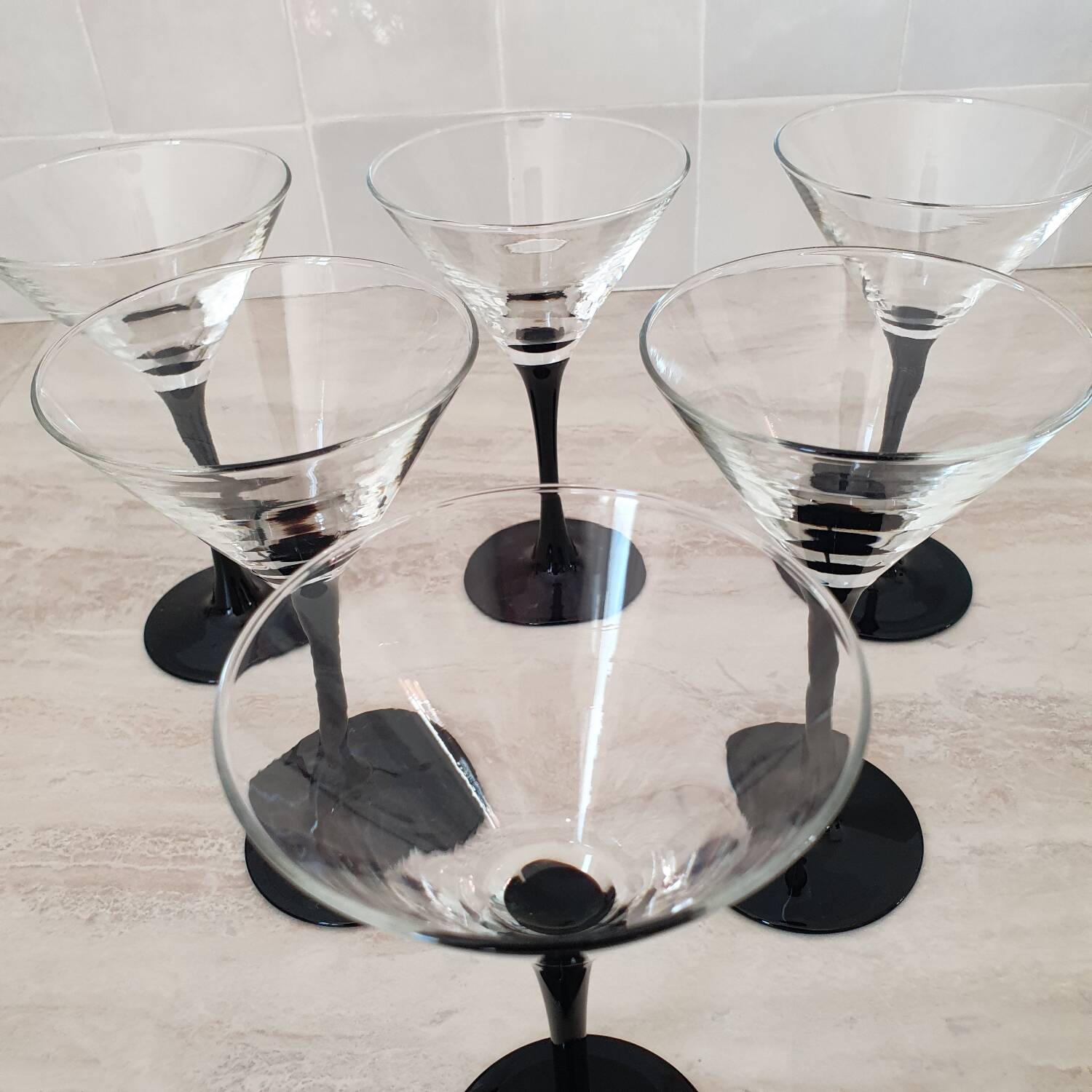 6 cocktail glasses / black stem martini glasses