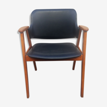 Fauteuil de bureau skaï et bois fruitier 1960