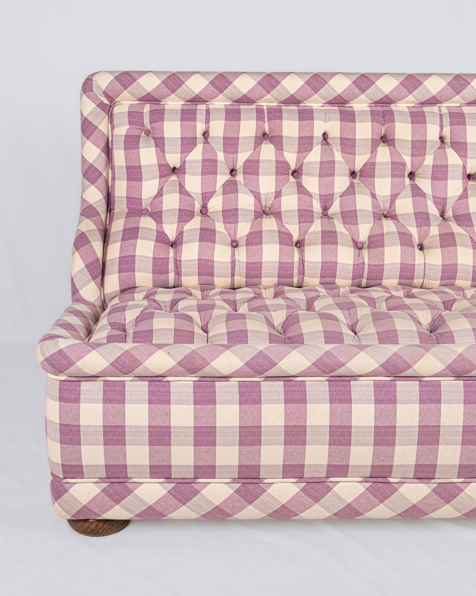 Upholstered bench in mauve and cream Vichy fabric, France, 1970s