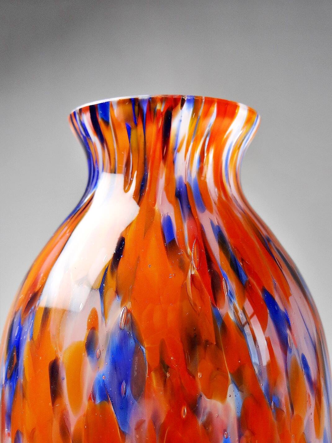 Small antique art deco cobalt orange speckled glass paste vase