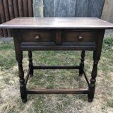 Vintage desk table in solid oak with 1 drawer facing turned legs with sleepers.