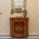 Curved support furniture in floral marquetry – Louis XV style, marble top, late 19th century.