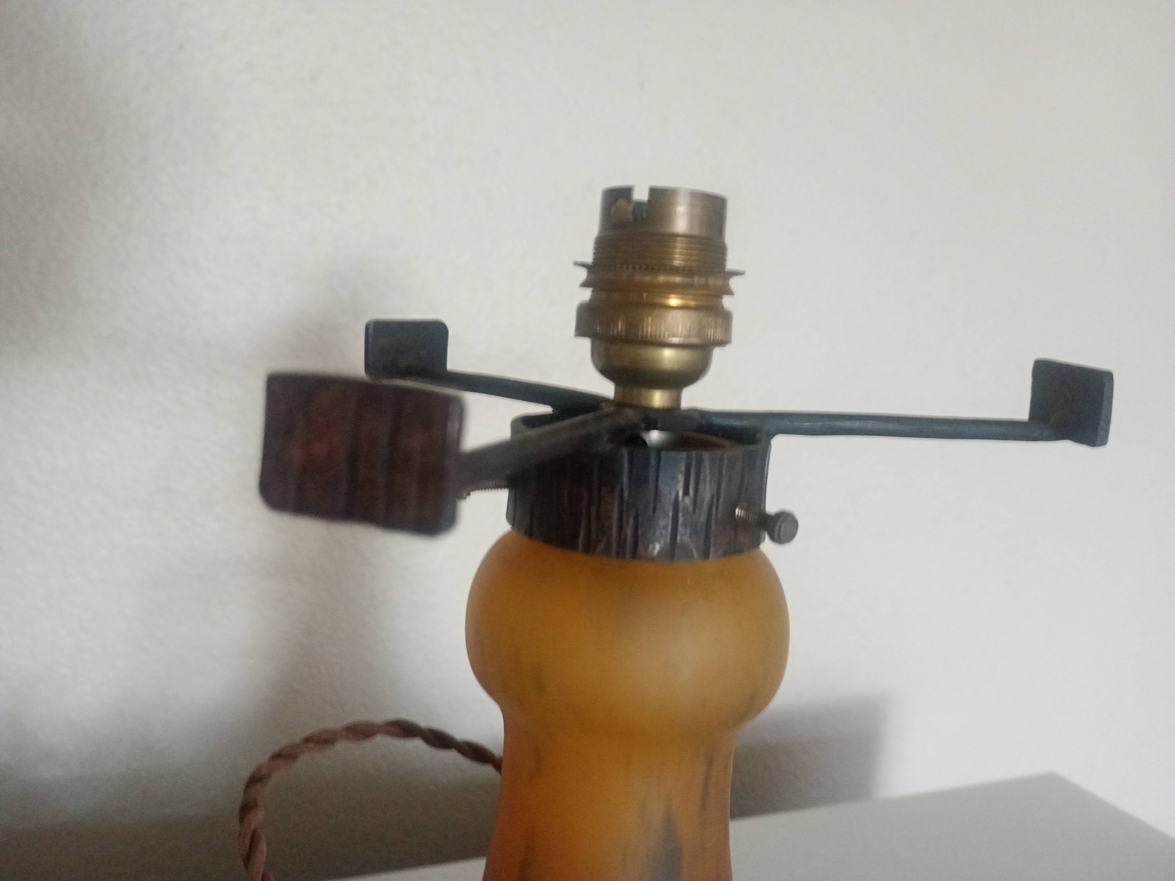 Müller Frères - Pied de Lampe verre marmoréen orange bleu & fer forgé