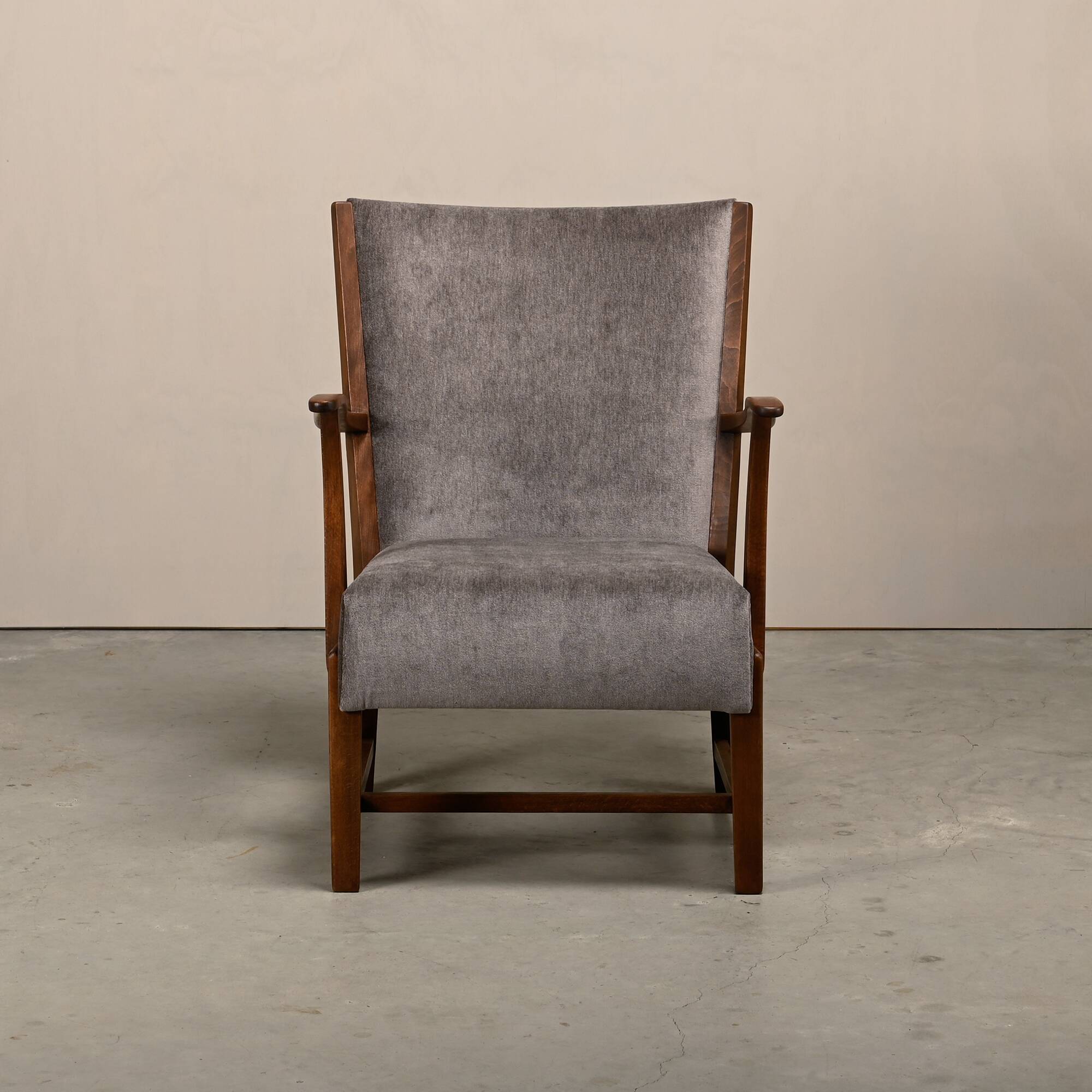 Fritz Hansen Armchair in stained beech wood and warm Grey Mohair, 1940s