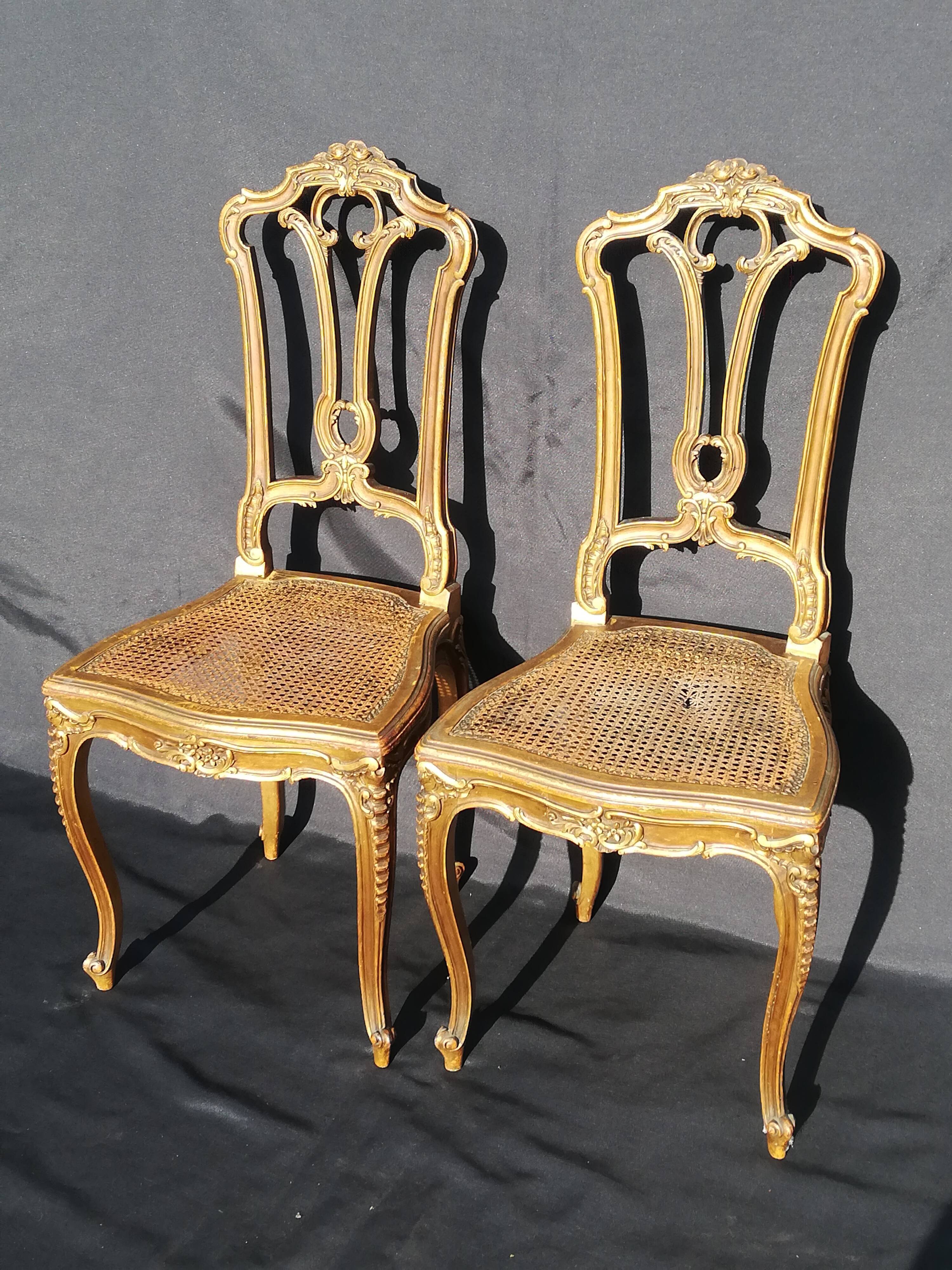 Pair of old canne chairs in gilded wood