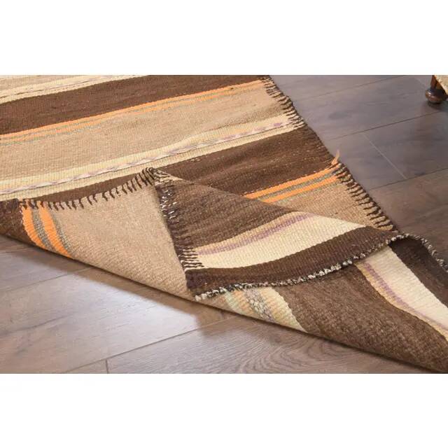 Vintage Turkish Oushak handmade wool cotton beige kilim runner rug 79x303