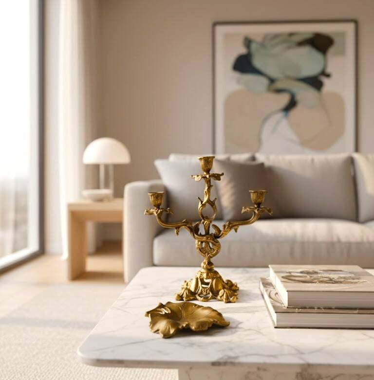 French Dessert Set: Candelabrum and "Feuille" Tray in Gilded Bronze