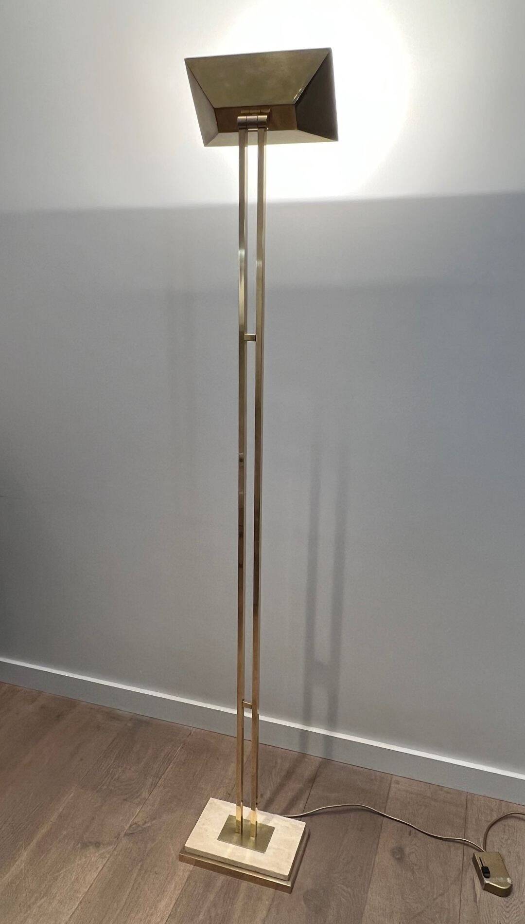 Brass Floor Lamp with Adjustable Reflector on a Timber Base