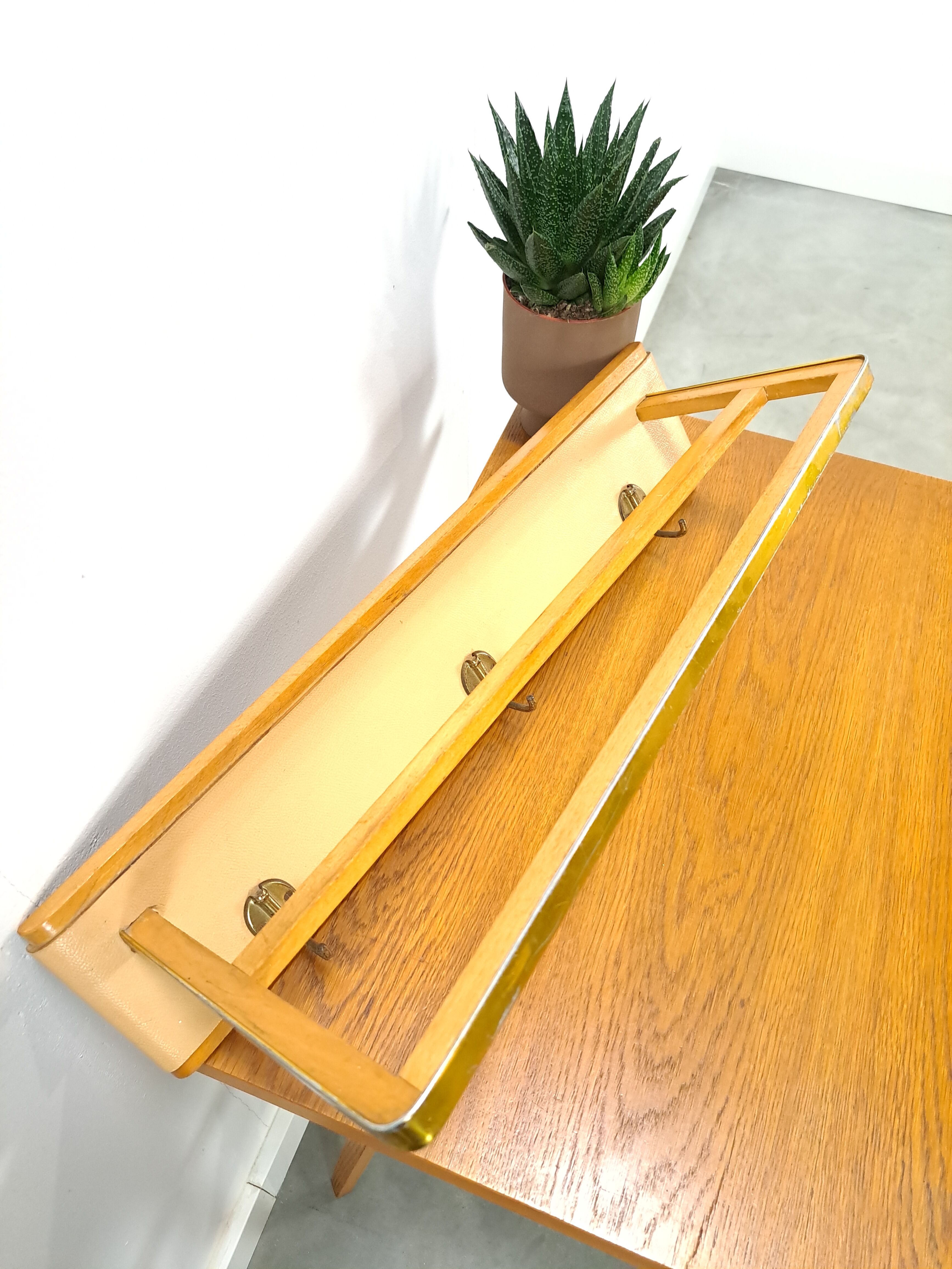 Wall coat rack with brass and leather vintage