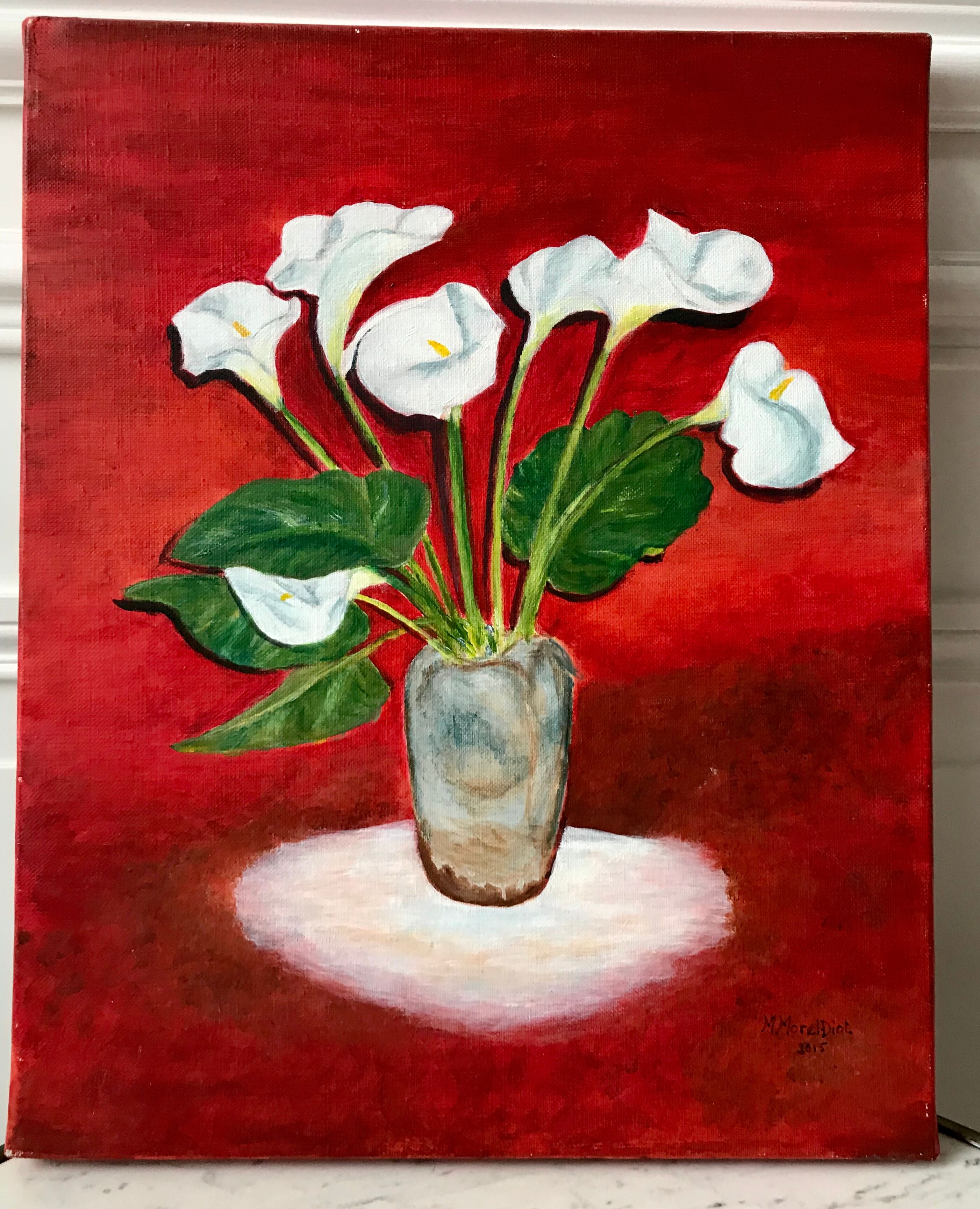 Oil on canvas bouquet of flowers on red background signed vintage