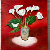 Oil on canvas bouquet of flowers on red background signed vintage