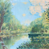 HSP table: "Small corner of river with boat" early XX° monogrammed