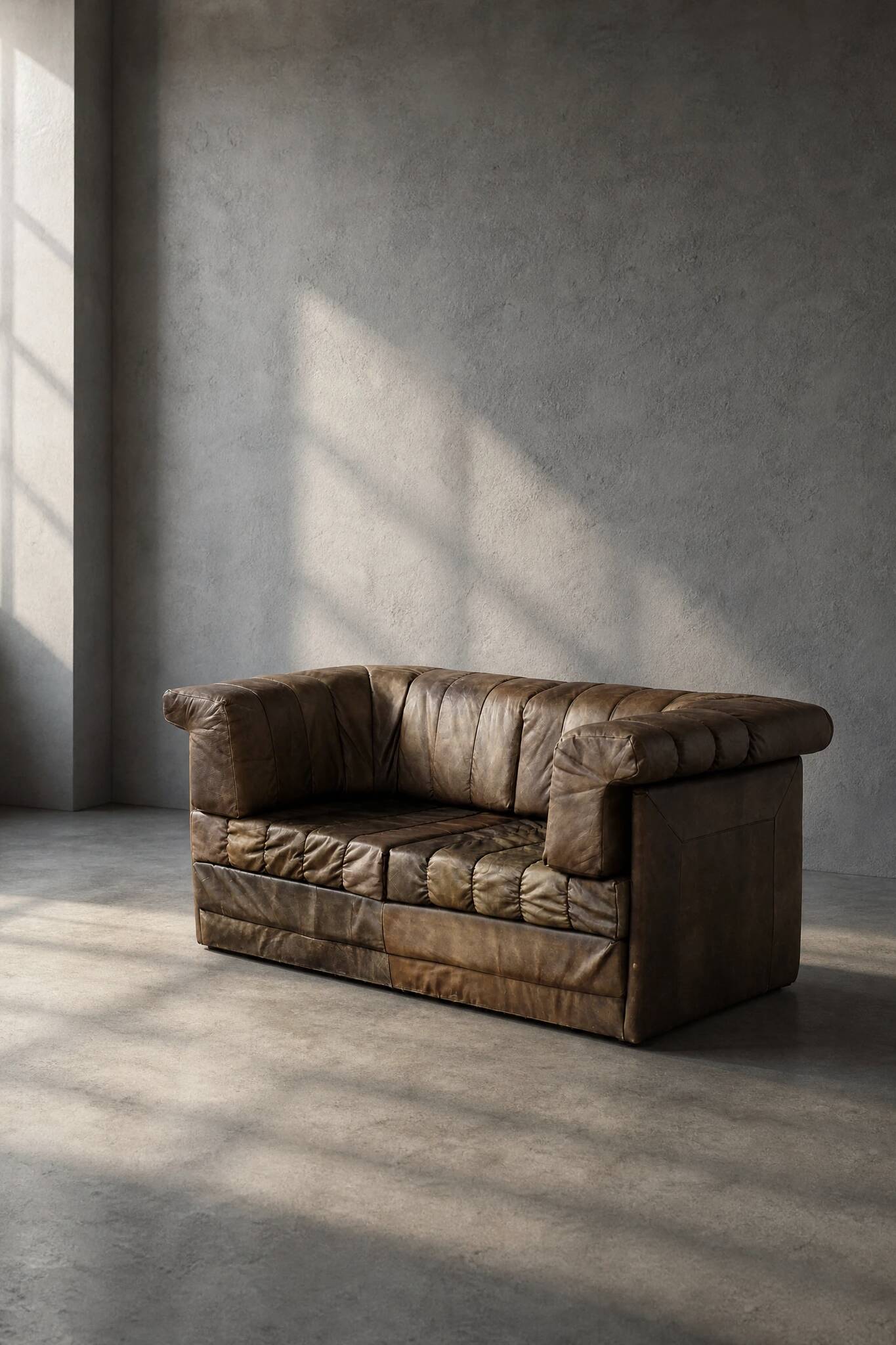 Vintage Mid-Century Modern German Brutalist Brown Leather 2-Seater Sofa