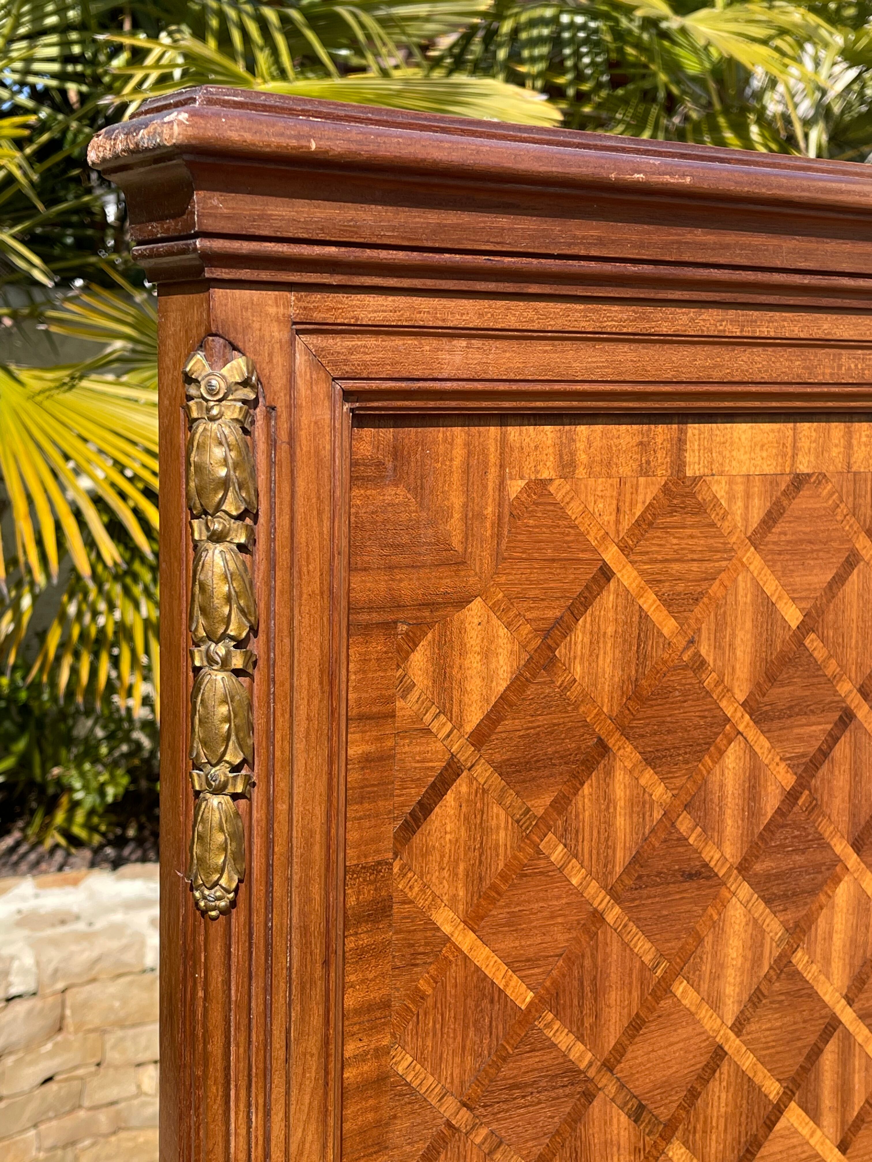 Louis XVI style marquetry & bronze bed and bedside table