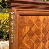 Louis XVI style marquetry & bronze bed and bedside table